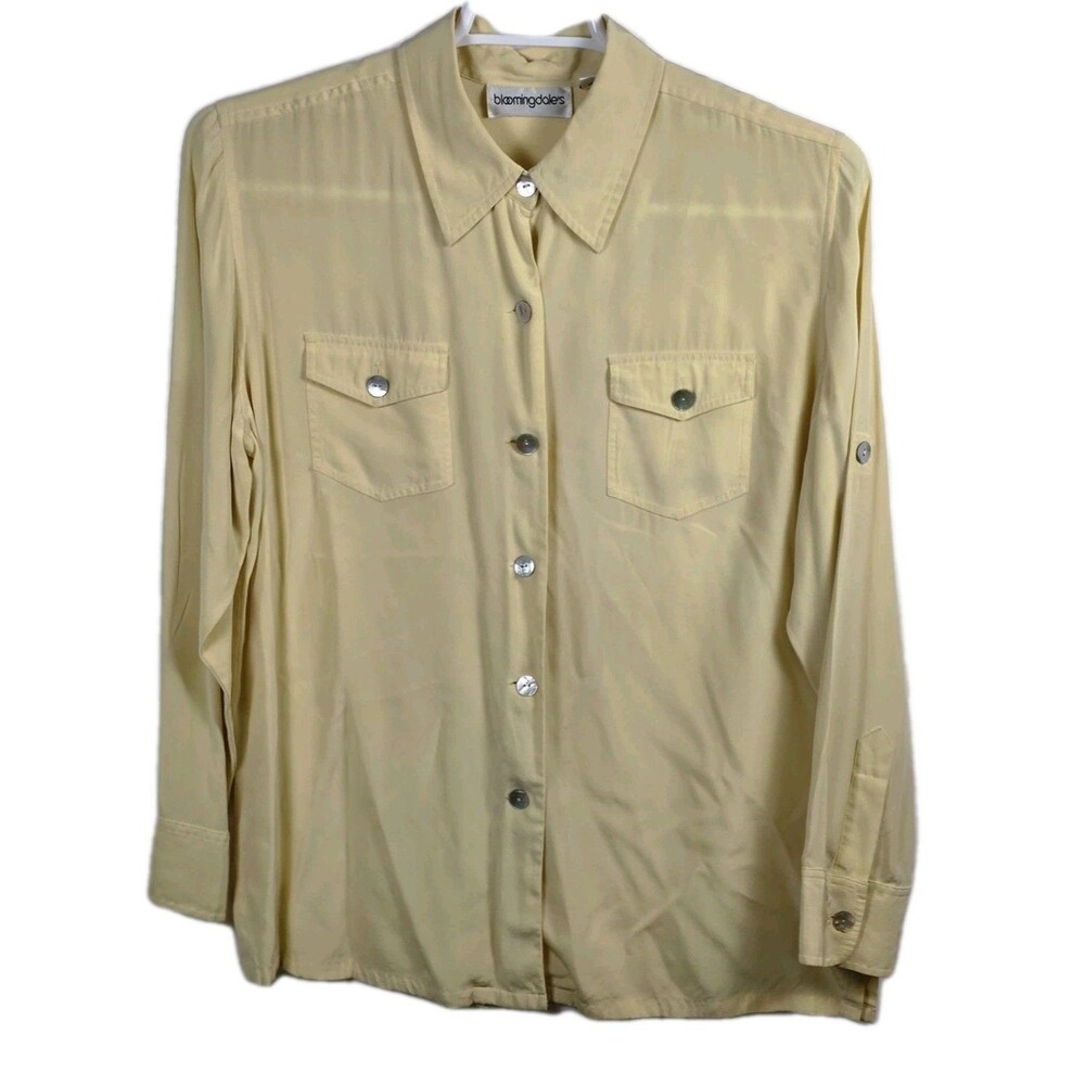 Bloomingdale's Women's Large Yellow 100% Silk Long Sleeve Button Up Shirt